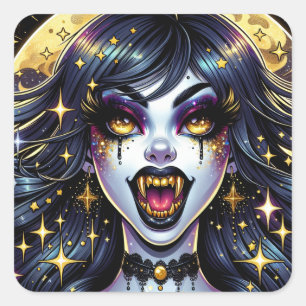Vampire mit Goldfangs Vollmond-Halloween-Party Quadratischer Aufkleber