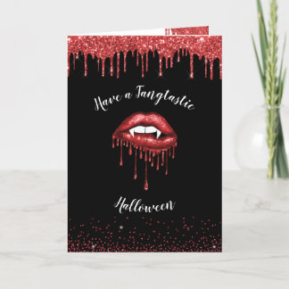 Vampire Red Glitzer Lips & Fangzähne Halloween Feiertagskarte