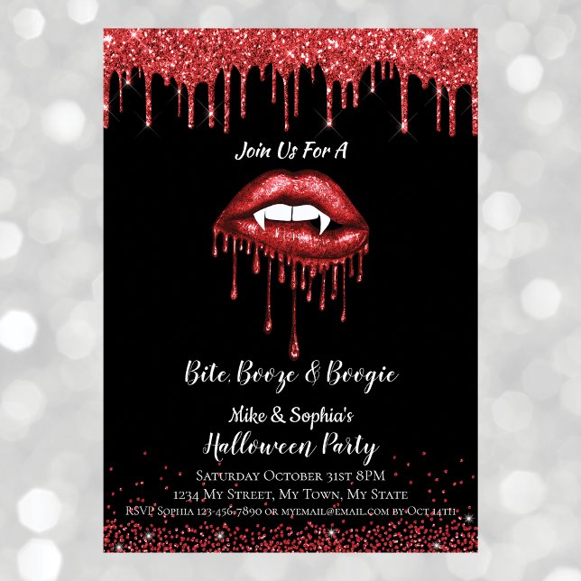 Vampire Rote Glitzer Lippen Erwachsene Halloween-P Einladung (Front)