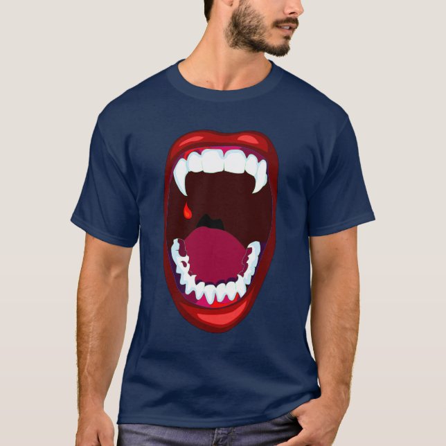 Vampire-Zahn-Horror-Show-Dämon-Reißzahn-rotes Lila T-Shirt (Vorderseite)