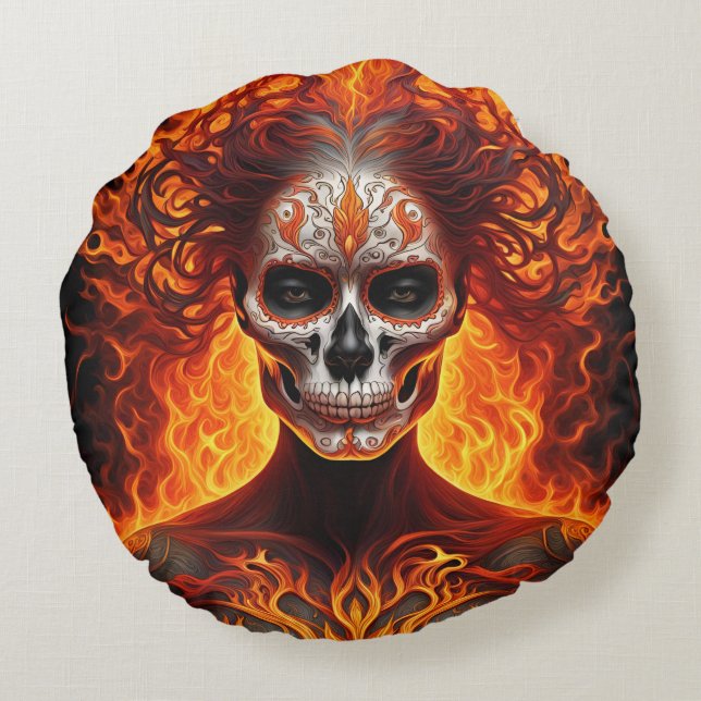 Vampirfrauen und Feuerschädel,2 Design auf 1 Kisse Rundes Kissen (Rückseite)