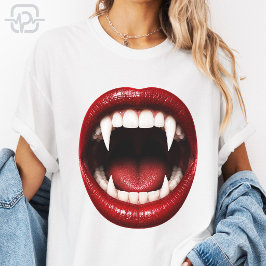 Vampirzähne Rote Lippen Offener Mund Halloween T-Shirt