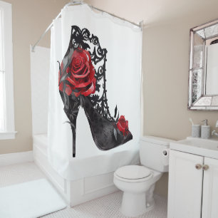 Vampy Vogue Stiletto Lace Bootie und Rote Rosen Duschvorhang