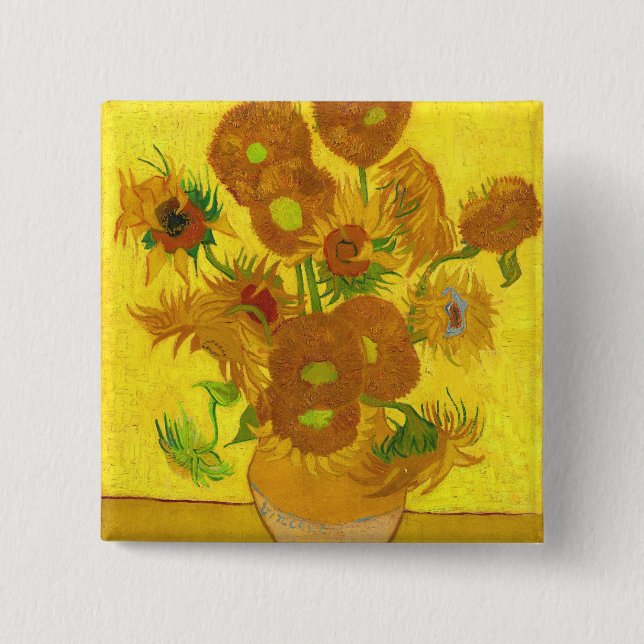 Van Gogh 15 Sonnenblumen in einer Vase der Kunst Button (Vorderseite)