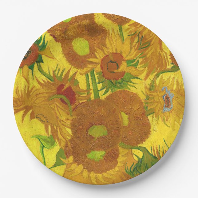 Van Gogh 15 Sonnenblumen in einer Vase der Kunst Pappteller (Vorderseite)