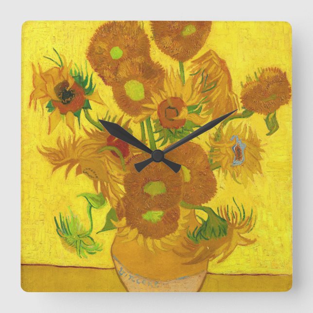 Van Gogh 15 Sonnenblumen in einer Vase der Kunst Quadratische Wanduhr (Vorderseite)