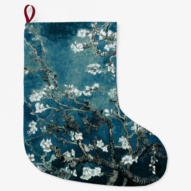 Van Gogh Almond Blossoms Dark Aquamarin Großer Weihnachtsstrumpf (Vorderseite)