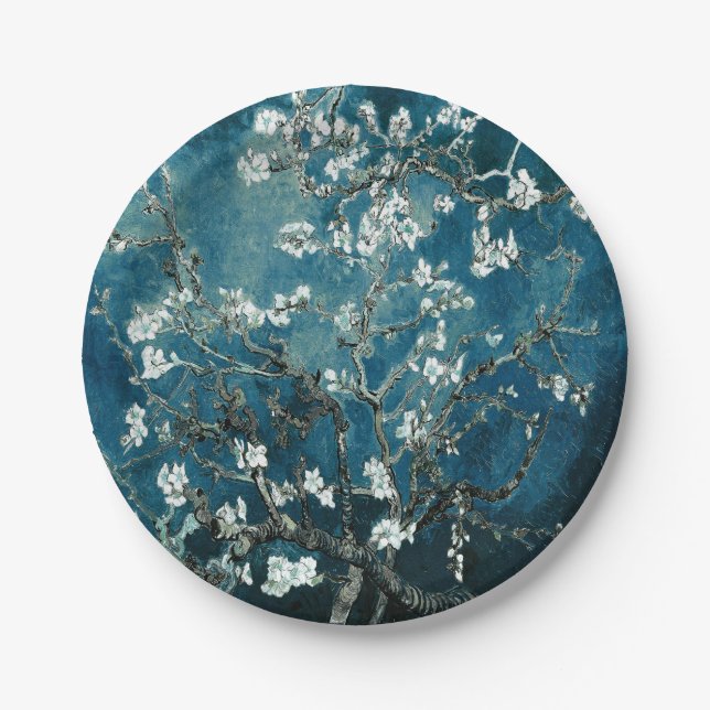 Van Gogh Almond Blossoms Dark Aquamarin Pappteller (Vorderseite)