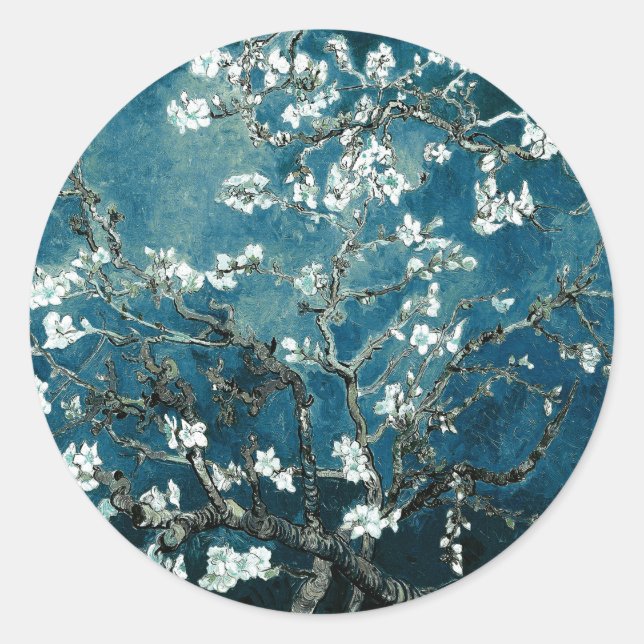 Van Gogh Almond Blossoms Dark Aquamarin Runder Aufkleber (Vorderseite)