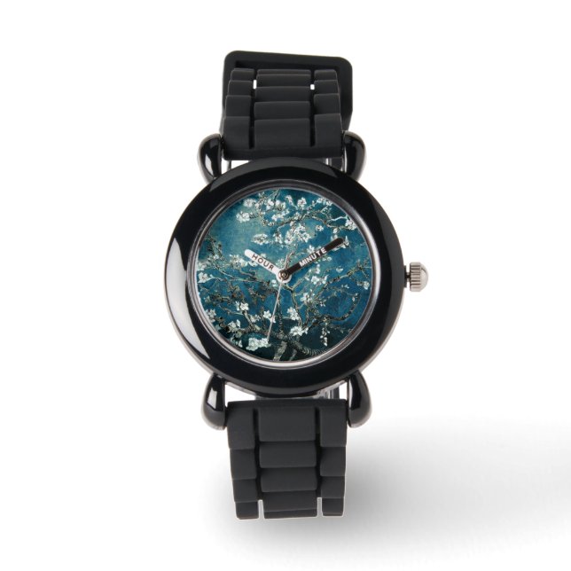 Van Gogh Almond Blossoms: Dunkel Aquamarin Armbanduhr (Vorderseite)