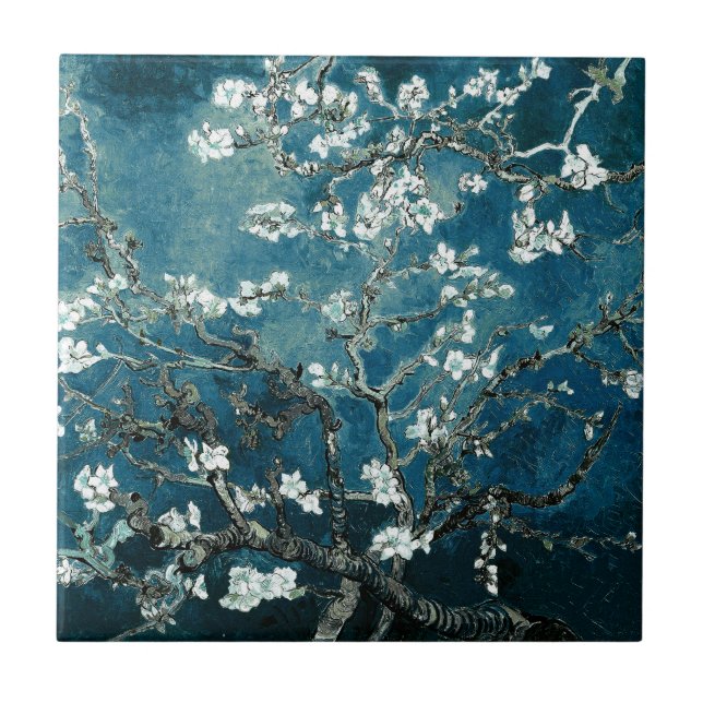 Van Gogh Almond Blossoms: Dunkel Aquamarin Fliese (Vorderseite)