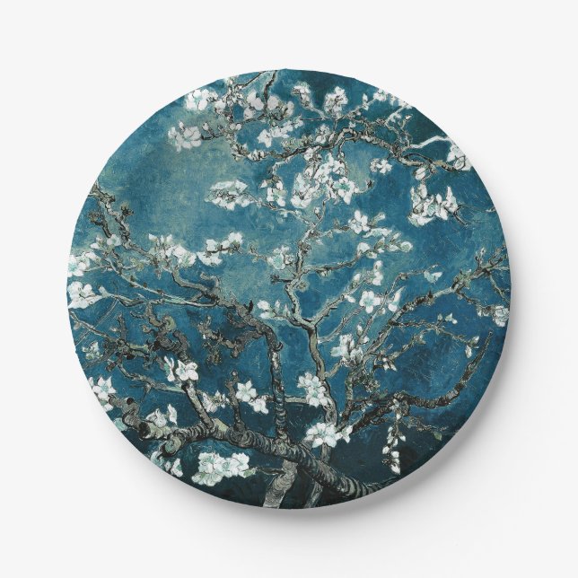 Van Gogh Almond Blossoms: Dunkel Aquamarin Pappteller (Vorderseite)
