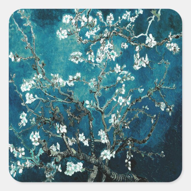 Van Gogh Almond Blossoms: Dunkel Aquamarin Quadratischer Aufkleber (Vorderseite)