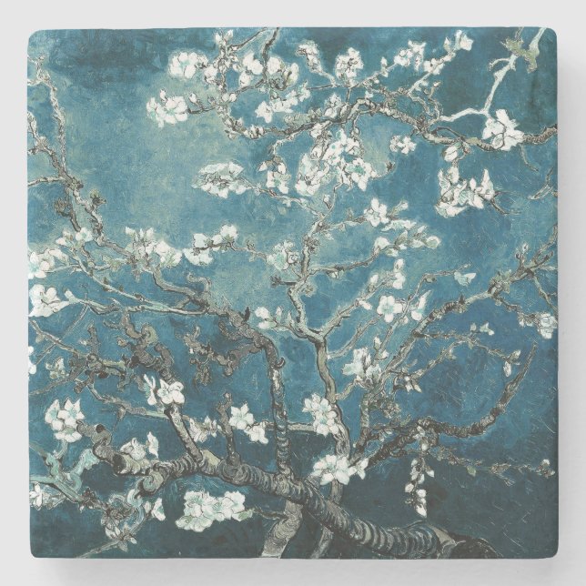 Van Gogh Almond Blossoms: Dunkel Aquamarin Steinuntersetzer (Vorderseite)