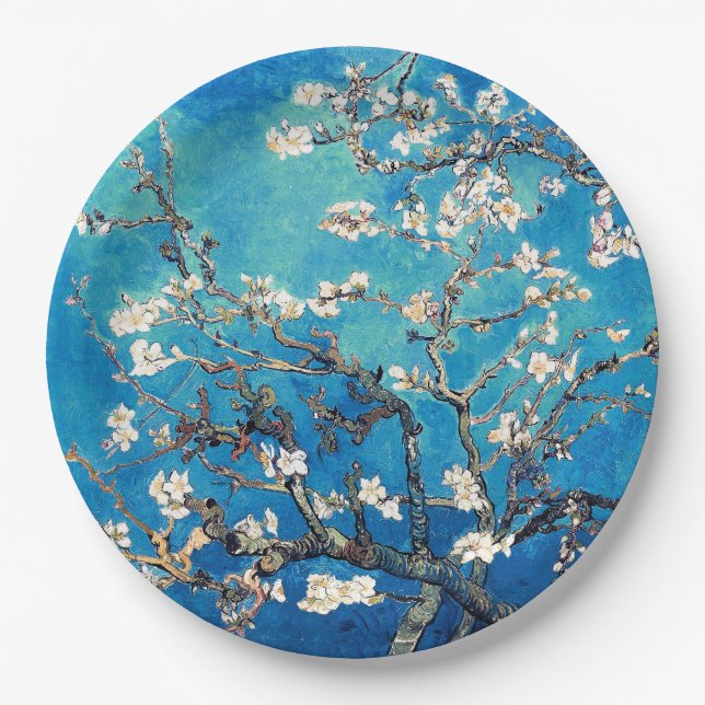 Van Gogh Almond Blossoms leuchtend türkis Pappteller (Vorderseite)
