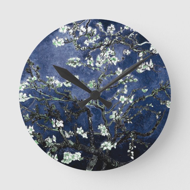 Van Gogh Almond Blossoms Midnight Blue Runde Wanduhr (Vorderseite)