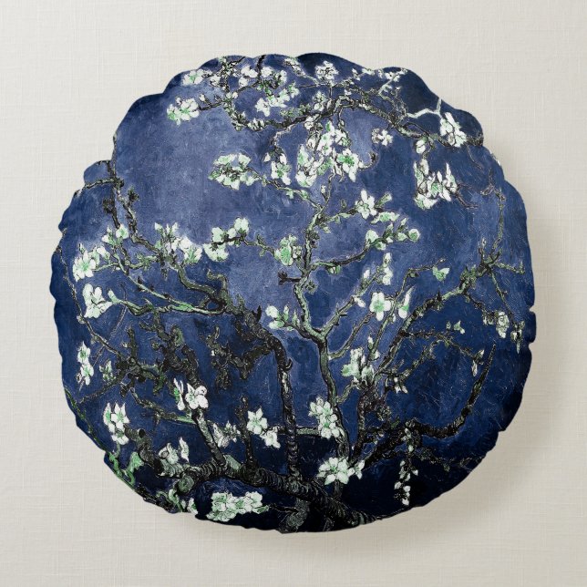 Van Gogh Almond Blossoms Midnight Blue Rundes Kissen (Vorderseite)