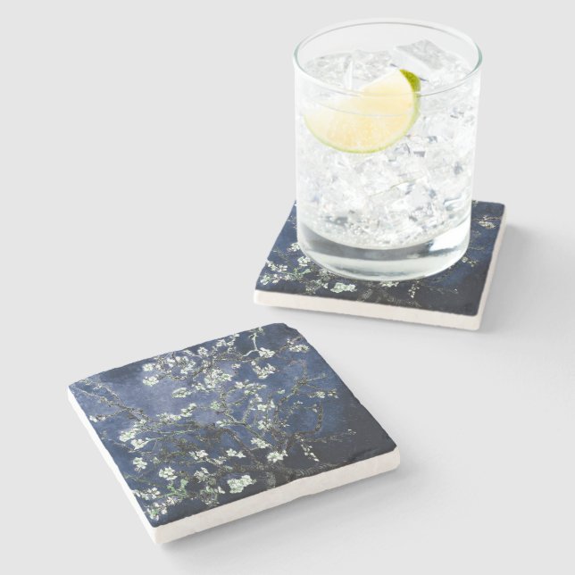 Van Gogh Almond Blossoms Midnight Blue Steinuntersetzer (Seitenansicht)