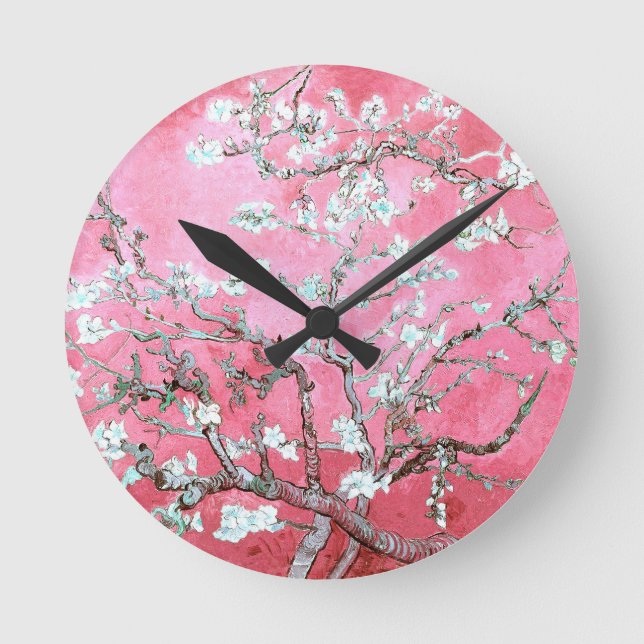 Van Gogh Almond Blossoms Pink Blau Runde Wanduhr (Vorderseite)