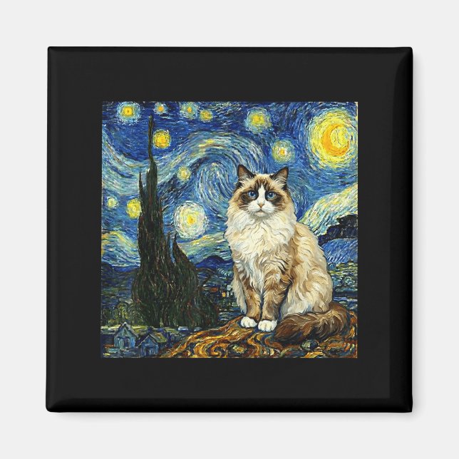 Van Gogh Art Starry Night - Funny Ragdoll Cat Arti Magnet (Vorne)