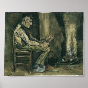 Van Gogh - Bauer, der am Kamin, lesend sitzt Poster