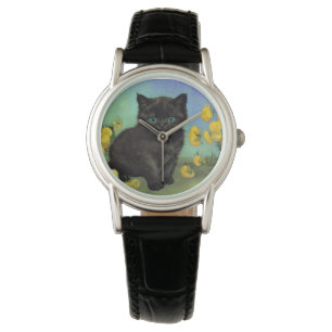 Van Gogh Black Cat Gelbe Blumen Armbanduhr