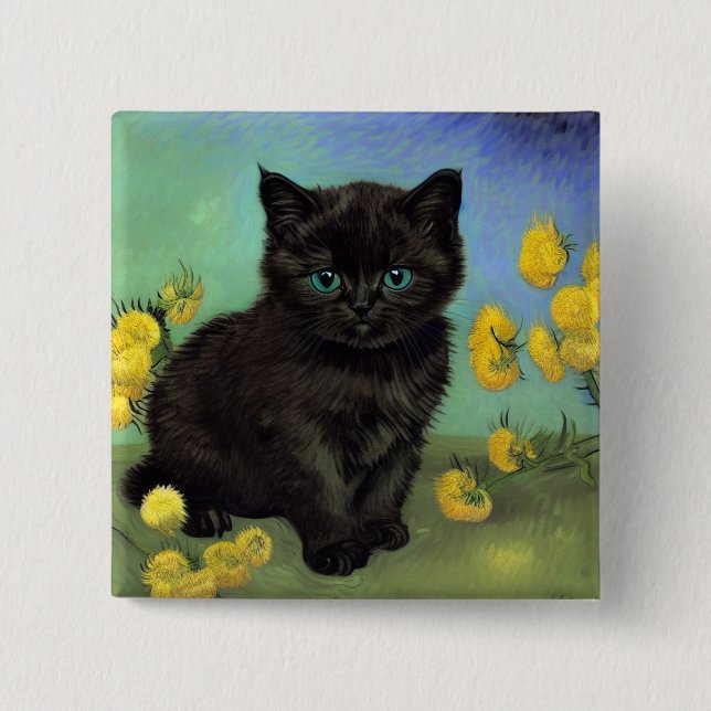 Van Gogh Black Cat Gelbe Blumen Button (Vorderseite)