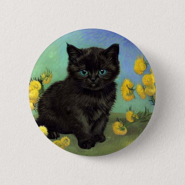 Van Gogh Black Cat Gelbe Blumen Button (Vorderseite)