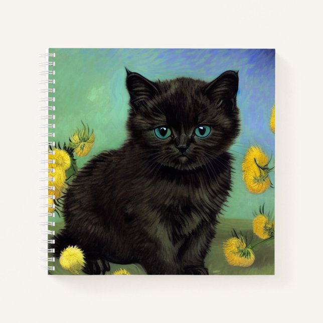 Van Gogh Black Cat Gelbe Blumen Notizbuch (Vorderseite)