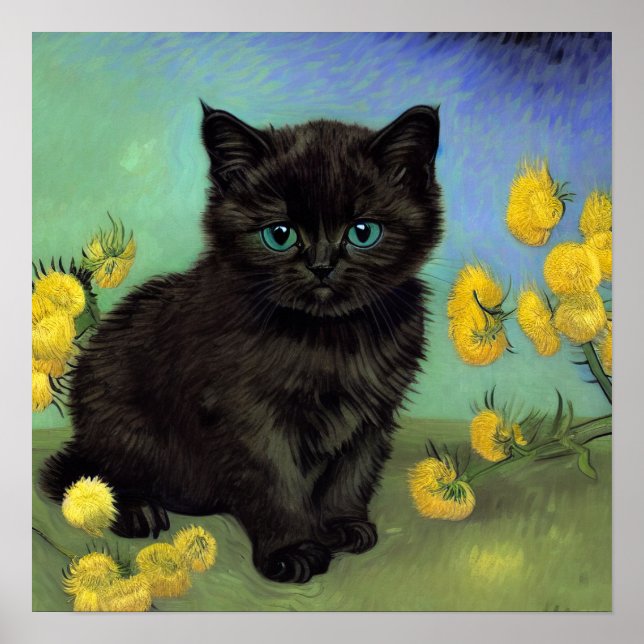 Van Gogh Black Cat Gelbe Blumen Poster (Vorne)