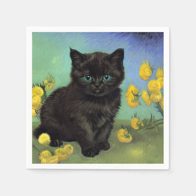 Van Gogh Black Cat Gelbe Blumen Serviette (Vorderseite)