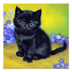 Van Gogh Black Cat Purple Flowers Fotodruck
