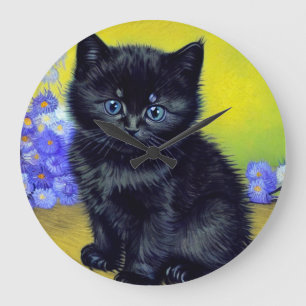 Van Gogh Black Cat Purple Flowers Große Wanduhr