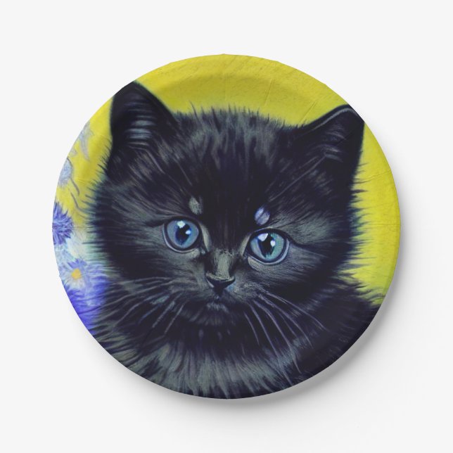 Van Gogh Black Cat Purple Flowers Pappteller (Vorderseite)