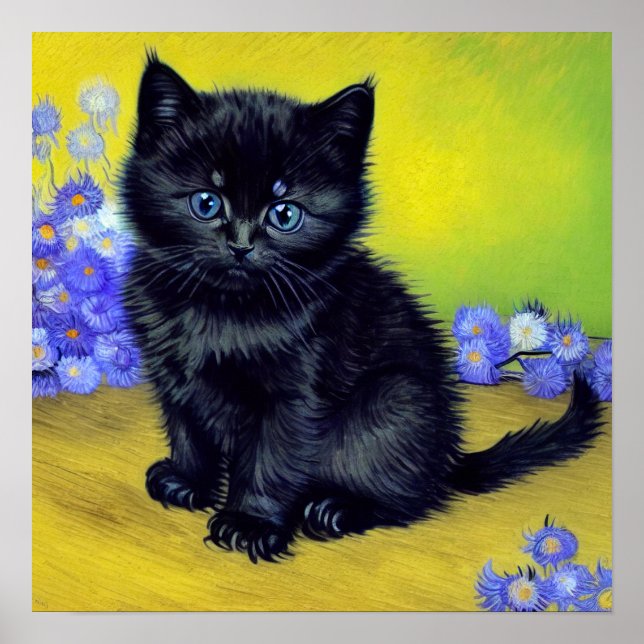 Van Gogh Black Cat Purple Flowers Poster (Vorne)