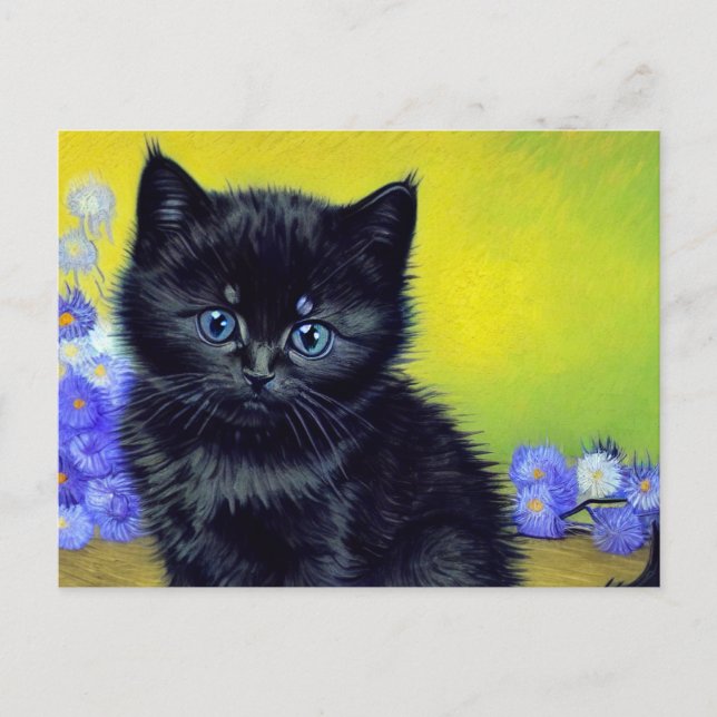 Van Gogh Black Cat Purple Flowers Postkarte (Vorderseite)