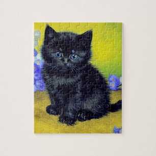 Van Gogh Black Cat Purple Flowers Puzzle