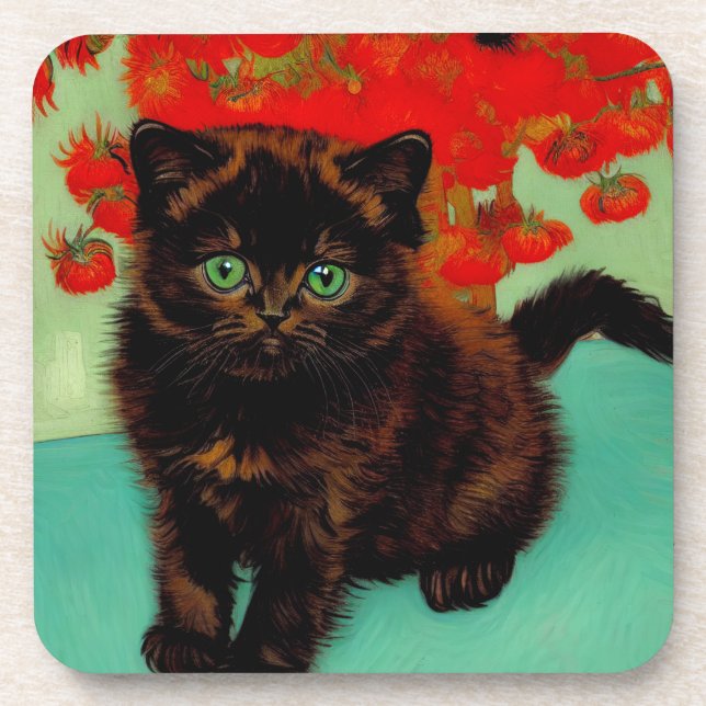 Van Gogh Black Cat Red Blume Getränkeuntersetzer (Vorderseite)