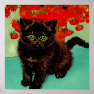 Van Gogh Black Cat Red Blume Poster
