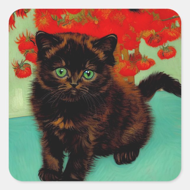 Van Gogh Black Cat Red Blume Quadratischer Aufkleber (Vorderseite)