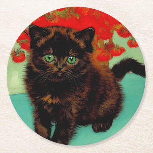 Van Gogh Black Cat Red Blume Runder Pappuntersetzer