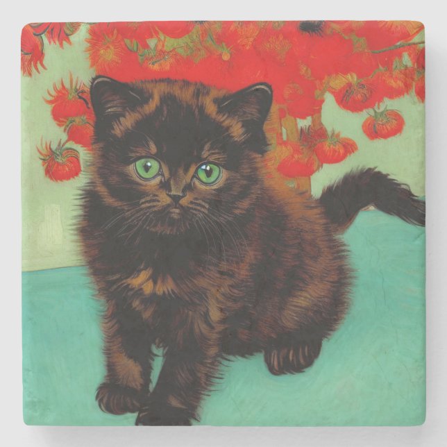 Van Gogh Black Cat Red Blume Steinuntersetzer (Vorderseite)