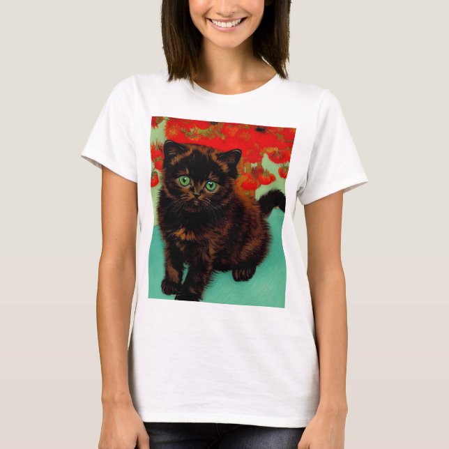 Van Gogh Black Cat Red Blume T-Shirt (Vorderseite)