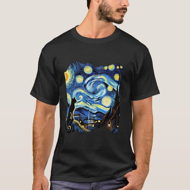Van Gogh Black Cat Starry Night Cat Lover T-Shirt (Vorderseite)