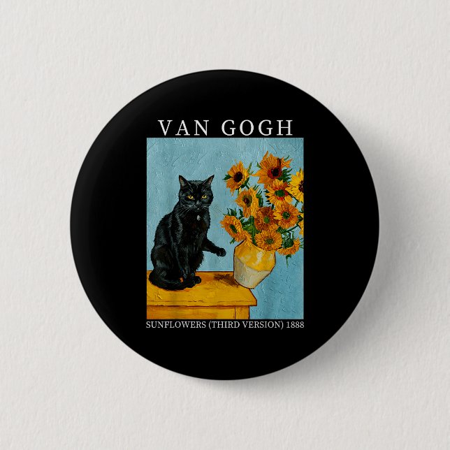 Van Gogh Black Cat With Sunflowers Funny Cat Meme  Button (Vorderseite)