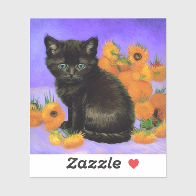 Van Gogh Black Kitten mit Sonnenblumen Aufkleber (Blatt)