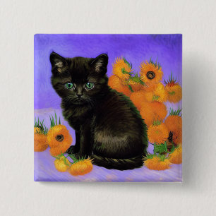 Van Gogh Black Kitten mit Sonnenblumen Button