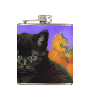 Van Gogh Black Kitten mit Sonnenblumen Flachmann