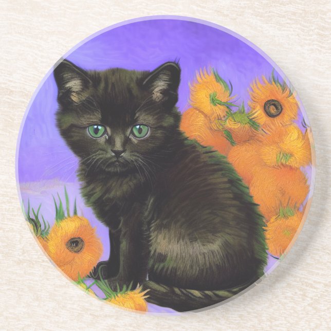 Van Gogh Black Kitten mit Sonnenblumen Getränkeuntersetzer (Vorne)