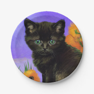 Van Gogh Black Kitten mit Sonnenblumen Pappteller